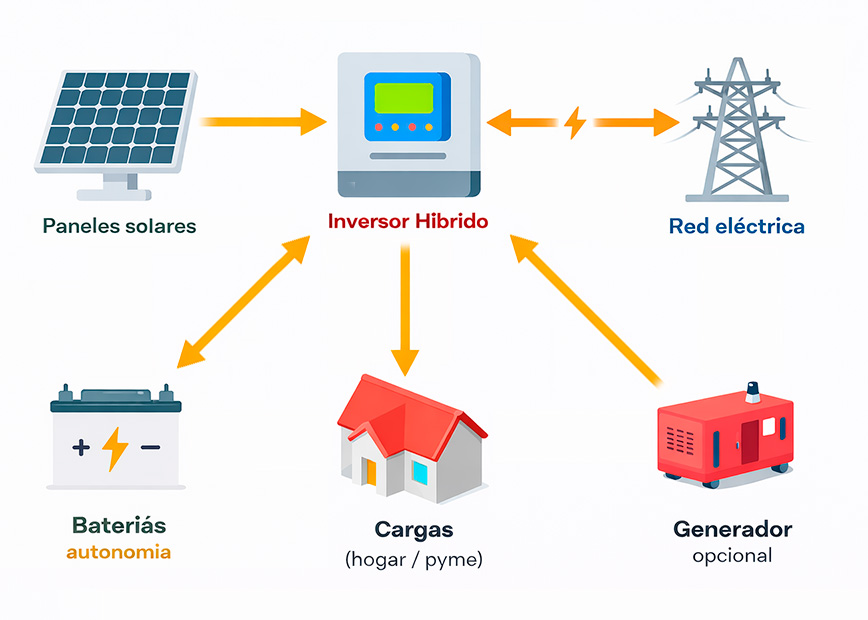 Diagrama híbrido: paneles solares → inversor híbrido → cargas, con baterías y conexión a red eléctrica.