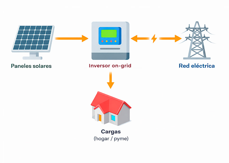 Diagrama on-grid: paneles solares → inversor on-grid → cargas, con conexión bidireccional a red eléctrica.