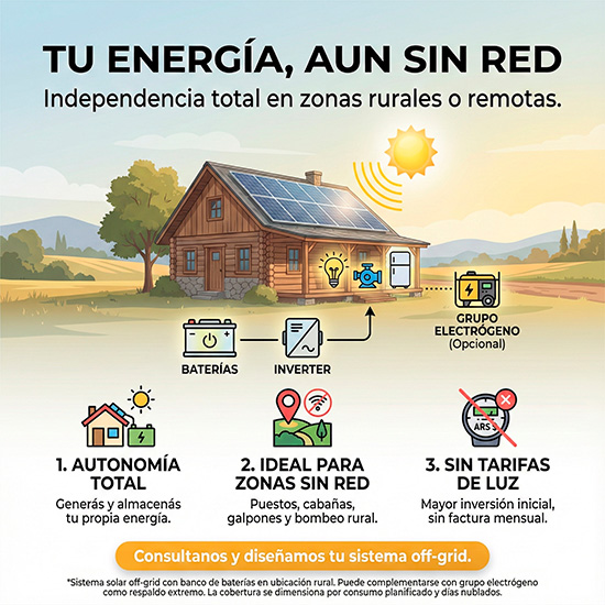 Sistema solar off-grid con almacenamiento en baterías en ubicación rural